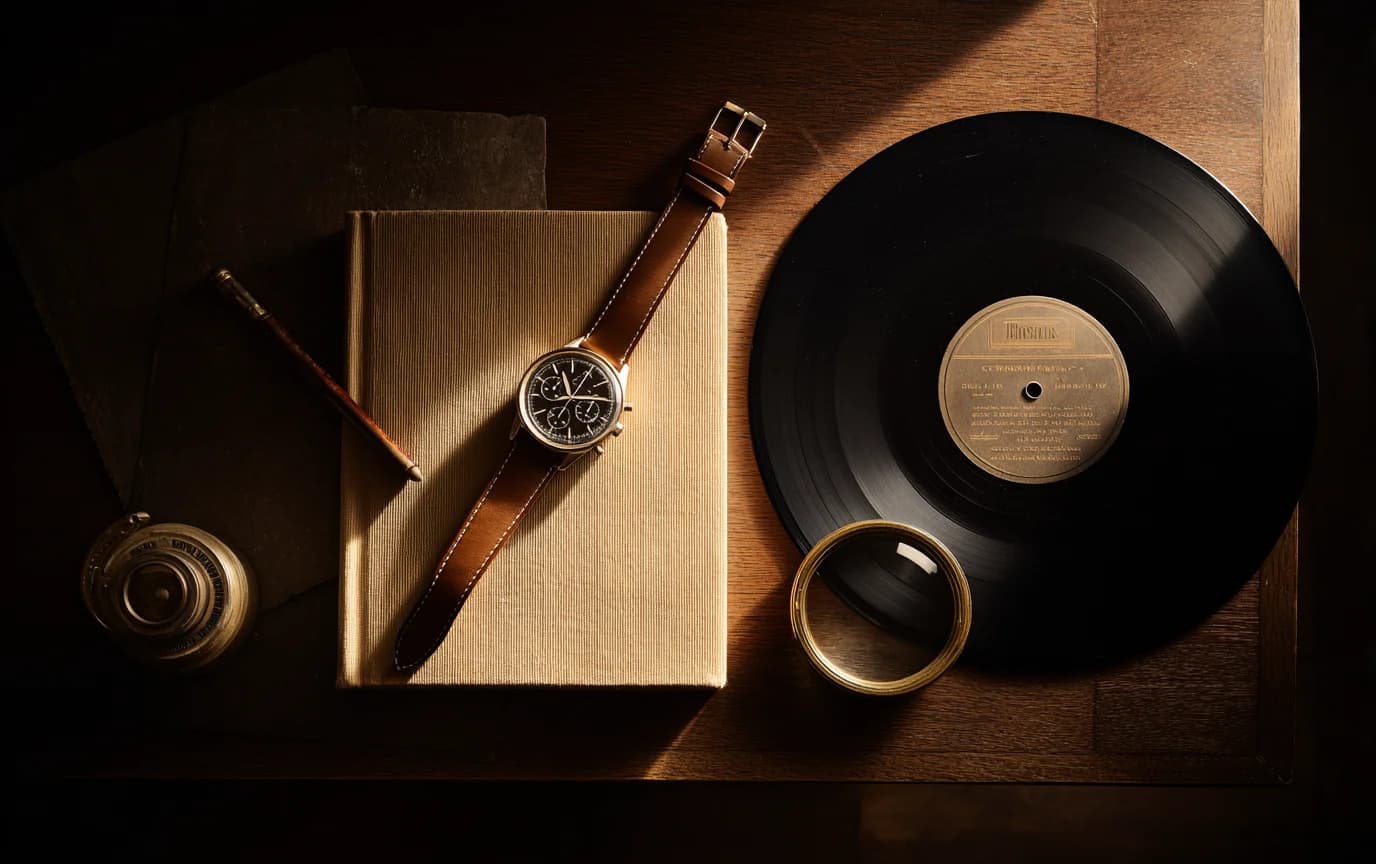Bureau d'archiviste : montre chronographe, vinyle, loupe en laiton, carnet
