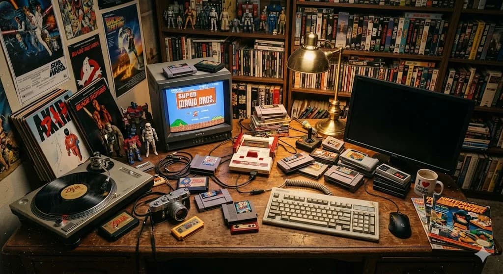 Bureau d un collectionneur retrogaming : NES, manettes, cartouches, vinyles, posters Star Wars/Blade Runner/Akira, lampe en laiton, magazines Nintendo Power